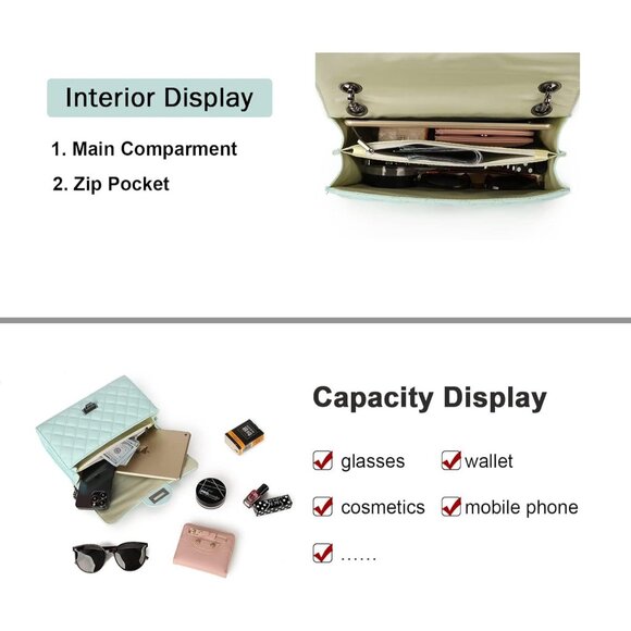 Women Light BluePU Quilted Stylish Crossbody Bag with Chain Strap & Flap Closure - Picture 4 of 6